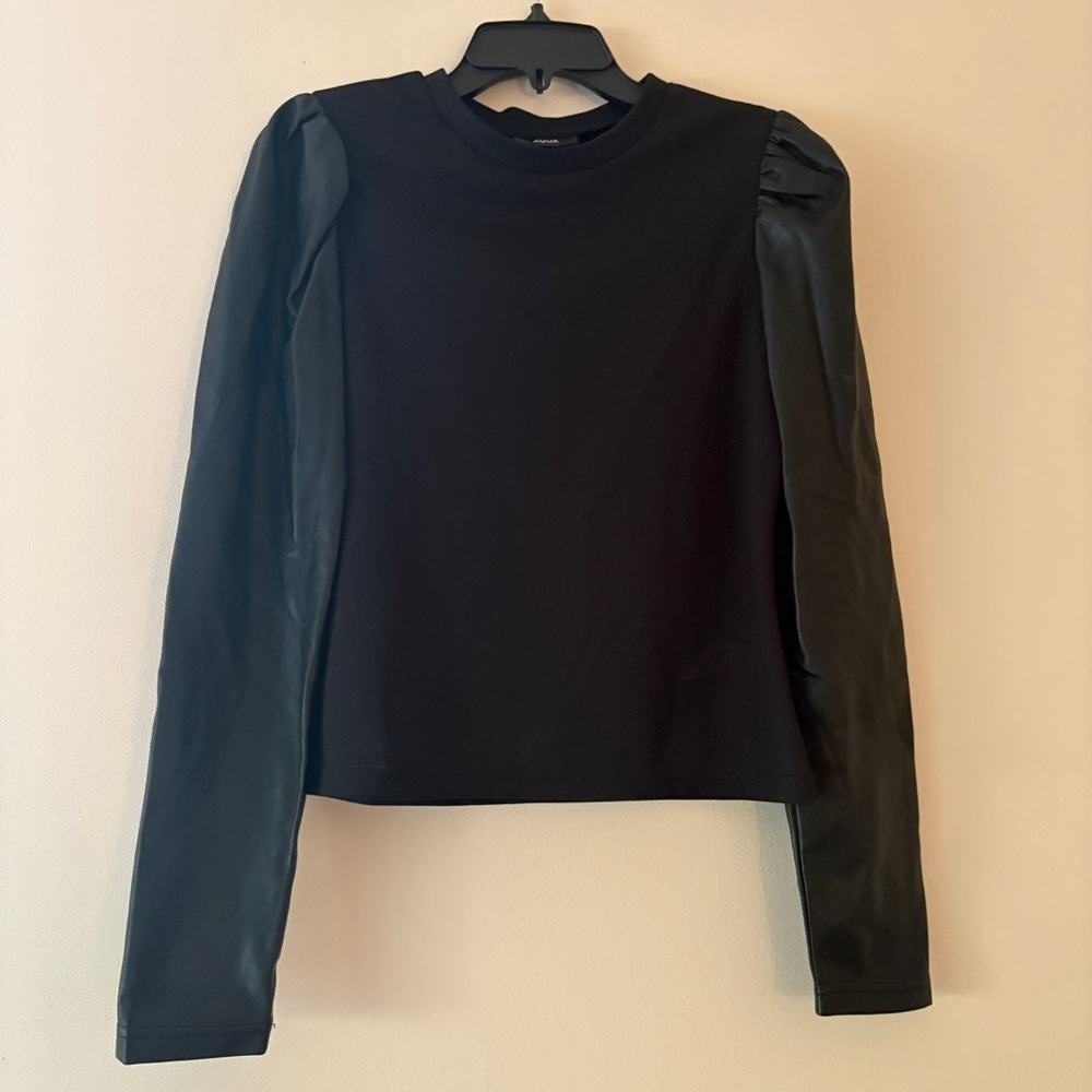 Aqua Black Faux Leather Puff Sleeve Top Small Long Sleeve Crewneck Blouse